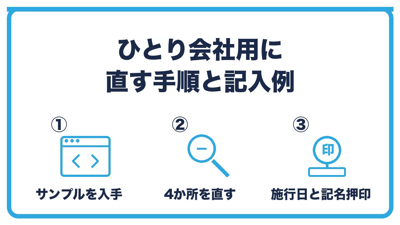 事務処理規程をひとり会社用に直す手順を、サンプルをダウンロード・会社名と管理責任者と保存場所を直す・施行日と押印の3つに分けて図解したインフォグラフィックです。