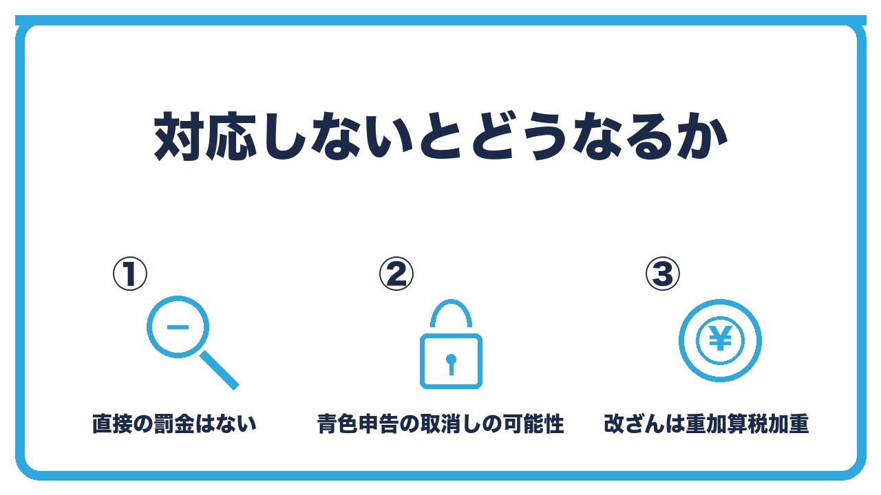 電子帳簿保存法に対応しない場合の扱いを、直接の罰金はない・青色申告の承認取消しの可能性・改ざんがあれば重加算税の加重の3つに分けて図解したインフォグラフィックです。
