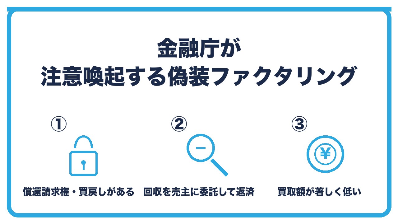 偽装ファクタリングの見分け方を、償還請求権や買戻しがある・回収を売主に委託して返済させる・買取額が債権額に比べて著しく低いの3つに分けて図解したインフォグラフィックです。