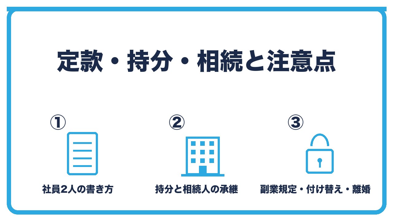 夫婦の合同会社の定款と注意点を、社員2人の氏名住所と出資額を書く・業務執行社員と代表社員の定め・勤務先の副業規定と同一事業の付け替えの3つに分けて図解したインフォグラフィックです。