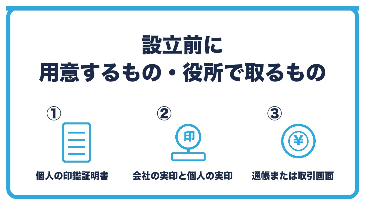 合同会社設立前に用意するものを、個人の印鑑証明書(3か月以内)・会社の実印と個人の実印・通帳またはネット銀行の画面の3つに分けて図解したインフォグラフィックです。