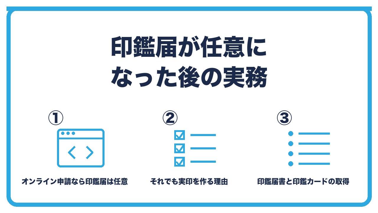 印鑑届が任意になった後の実務を、オンライン申請なら印鑑届は任意・それでも実印を作る理由は口座と契約と印鑑証明書・印鑑届書と印鑑カードの取得の3つに分けて図解したインフォグラフィックです。