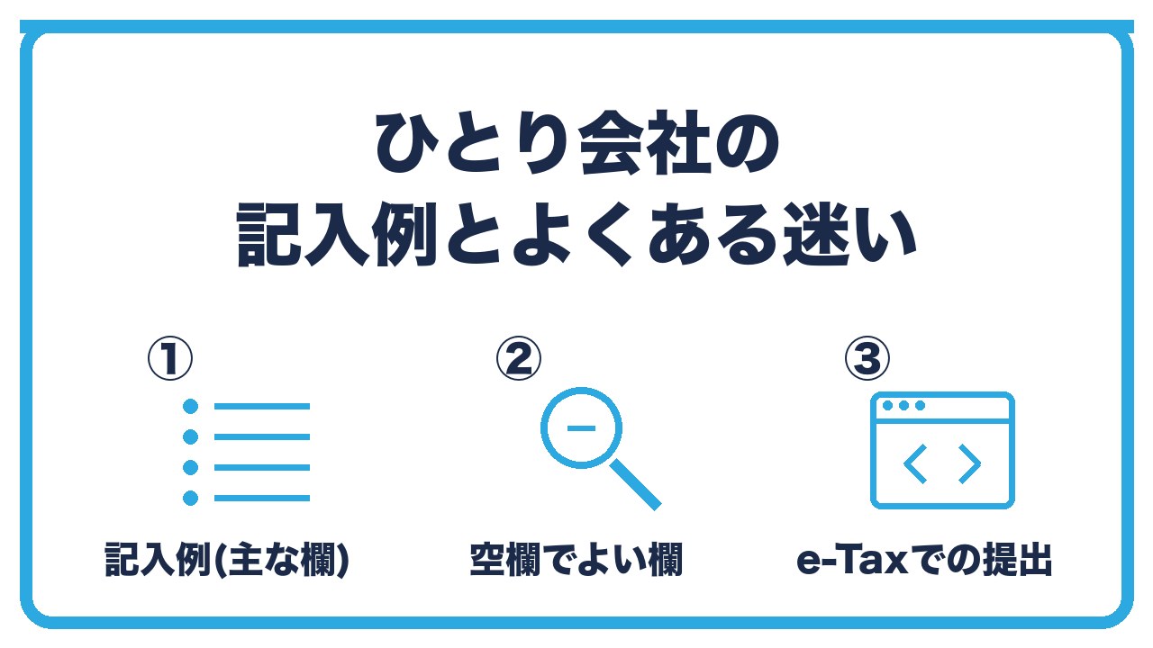 法人事業概況説明書の記入例と迷いやすい点を、ひとり会社の記入例・空欄でよい欄・e-Taxでの提出の3つに分けて図解したインフォグラフィックです。