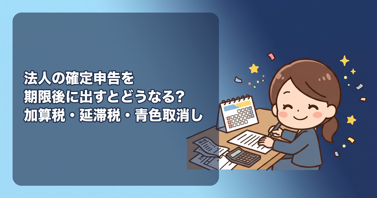 法人の確定申告を期限後に出すとどうなる?無申告加算税(5%・15%・20%)と延滞税の計算、青色申告の取消し(2期連続)、期限後でも早く出すほど軽くなる理由、期限内に間に合わないときの延長申請、地方税・消費税の扱い、出し忘れに気づいたらやること