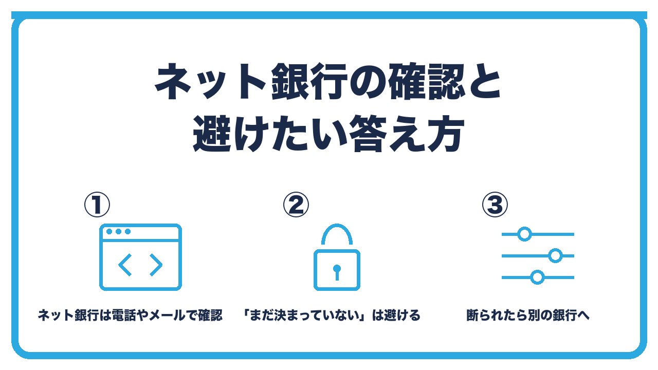 ネット銀行の確認と避けたい答え方を、ネット銀行は電話やメールで同じ確認・避けたいのはまだ決まっていないといろいろやる・断られたら理由を聞いて別の銀行への3つに分けて図解したインフォグラフィックです。