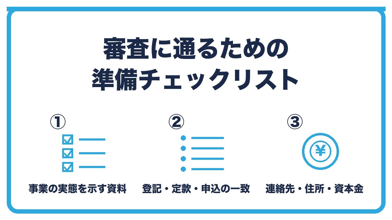 法人口座の審査に通るための準備を、事業の実態を示す資料・登記と申込内容の一致・連絡先と資本金の整えの3つに分けて図解したインフォグラフィックです。