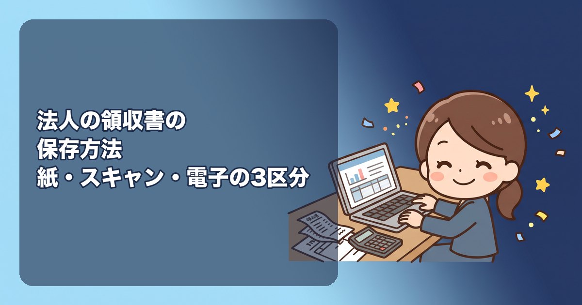 法人の領収書の保存方法|紙・スキャン・電子データの3区分と要件、保存期間7年(欠損金なら10年)、宛名なしレシート・宛名が個人名の扱い、インボイス対応の確認点、ひとり会社の整理の型、なくしたときの対処