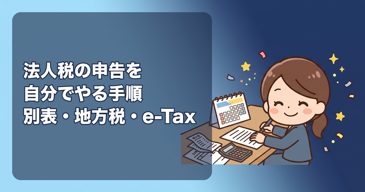 法人税の申告を自分でやる手順|必要な書類(別表一・二・四・五(一)・五(二)・七・十五・十六)、地方税(都道府県・市町村)と消費税の申告、e-TaxとeLTAXの設定、申告ソフトの使い方、期限と納付方法、ひとり会社で間違えやすい点