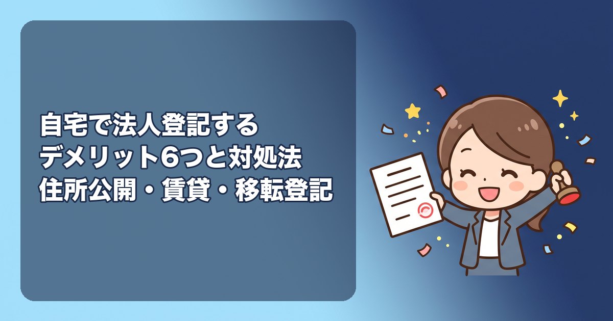 自宅で法人登記するデメリット6つと対処法|住所の公開、賃貸の契約違反、引っ越しのたびに移転登記、家賃の経費化の限界、持ち家の固定資産税と住宅ローン
