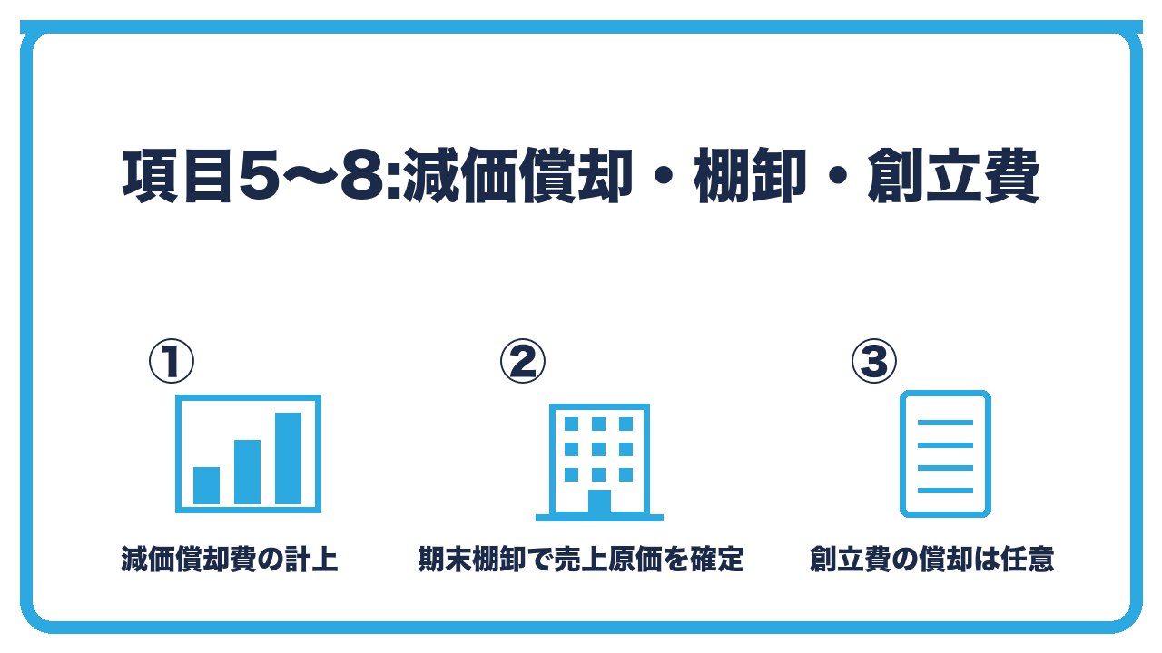 決算整理の項目5〜8を、減価償却費の計上・商品の棚卸と売上原価・創立費の償却と役員借入金の利息の3つに分けて図解したインフォグラフィックです。