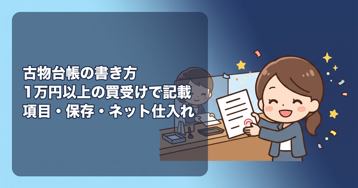 古物台帳の書き方|記載が必要な取引(1万円以上の買受け・交換、対象外の品目)、記載項目(年月日・品目・数量・特徴・相手の住所氏名年齢職業・本人確認の方法)、売却時の記載、紙とパソコンの様式、保存期間3年、ネット仕入れ(フリマ・オークション)の相手の確認、書き忘れの罰則、古着販売の記入例