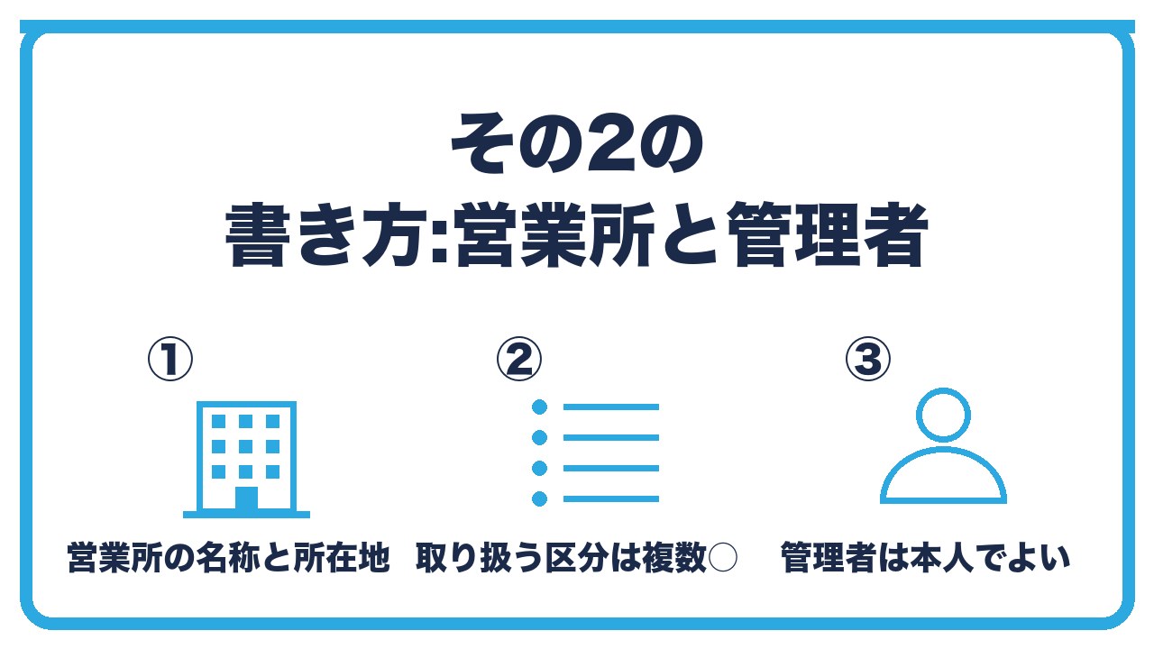 古物商許可申請書その2の書き方を、営業所の名称と所在地・取り扱う古物の区分は複数可・管理者は本人でよいの3つに分けて図解したインフォグラフィックです。