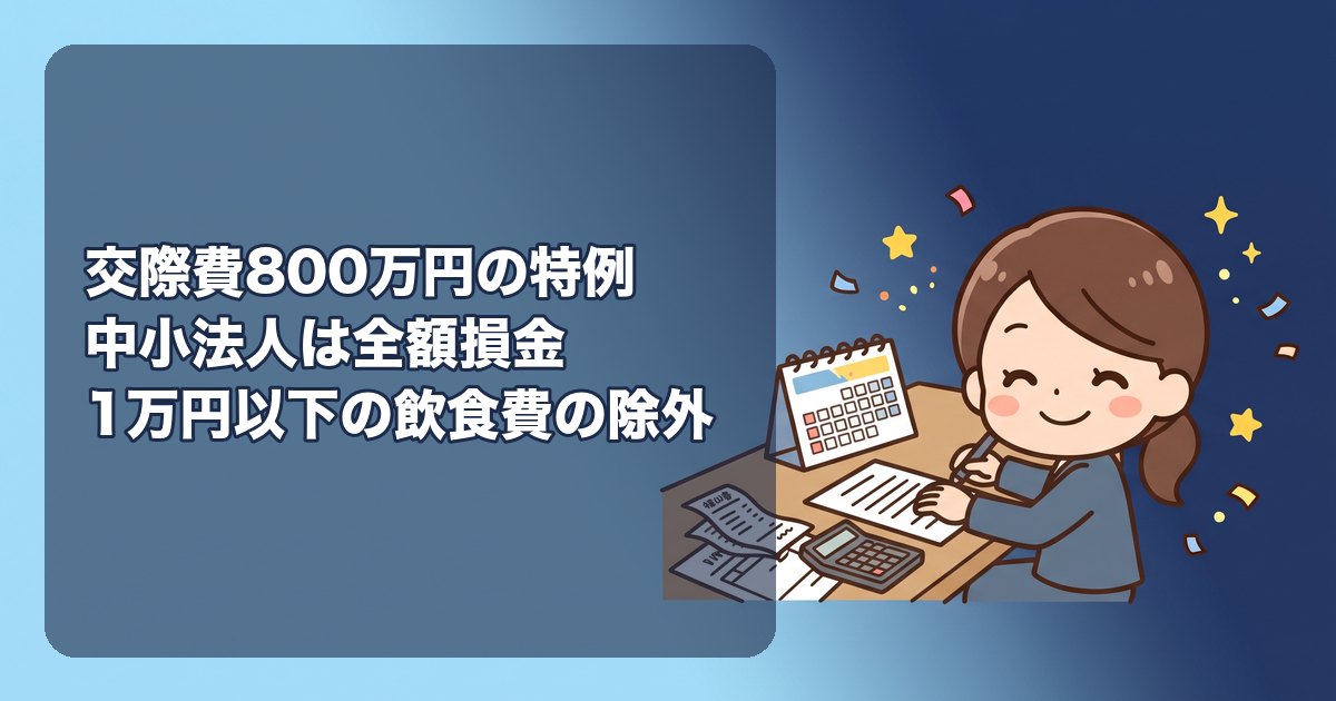 交際費800万円の特例(中小法人)|年800万円まで全額損金、飲食費50%との選択、1人1万円以下の飲食費は交際費から除外、ひとり会社で交際費になるもの・ならないもの、帳簿に書く5項目、会議費との分け方