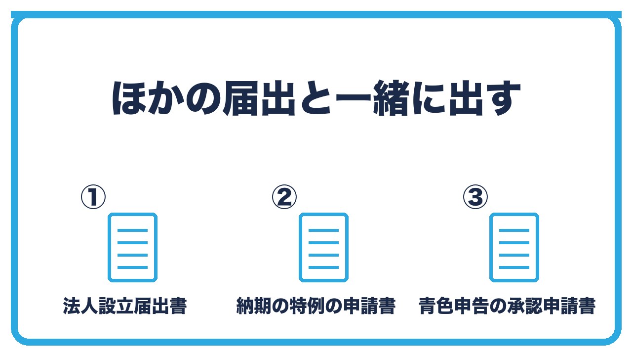 設立時に税務署へ同時に出す書類を、法人設立届出書・給与支払事務所等の開設届出書・納期の特例の申請書と青色申告承認申請書の3つに分けて図解したインフォグラフィックです。