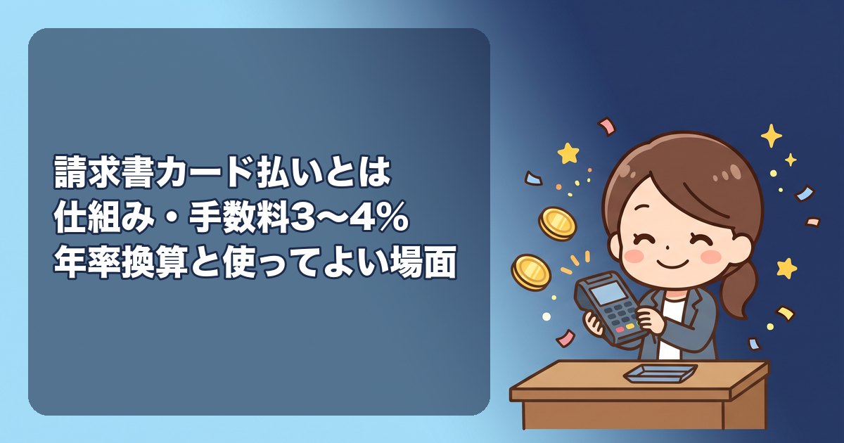 請求書カード払いとは|仕組み(代行業者が振込、自社はカードで後払い)、手数料の相場(3〜4%)と年率換算、支払いを最大約60日遅らせる効果、ファクタリングや法人カードとの違い、使ってよい場面と危ない使い方、仕訳と消費税の扱い、サービスの選び方