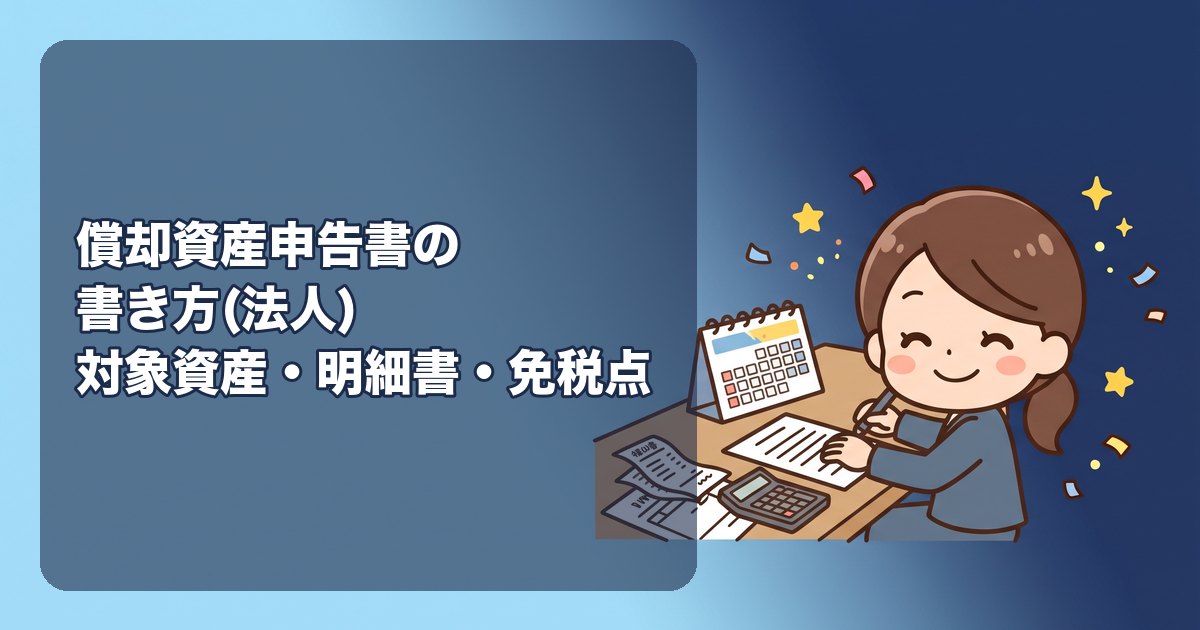 償却資産申告書の書き方(法人)|1月末までに市町村へ、対象になる資産とならない資産(10万円未満・一括償却資産・車両は対象外)、種類別明細書の記入(取得年月・取得価額・耐用年数)、評価額の計算は市町村がする、免税点150万円でも申告は必要、増減がない年の書き方、e-Taxとは別のeLTAX