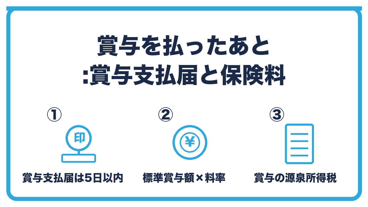 役員賞与を払ったあとの手続きを、賞与支払届は支給日から5日以内・社会保険料は標準賞与額×料率・源泉所得税は前月の給与で計算の3つに分けて図解したインフォグラフィックです。