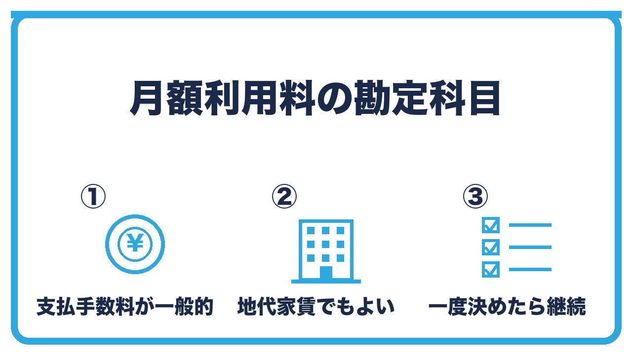 バーチャルオフィスの月額利用料の勘定科目を、支払手数料が一般的・地代家賃でもよい・一度決めたら継続するの3つに分けて図解したインフォグラフィックです。
