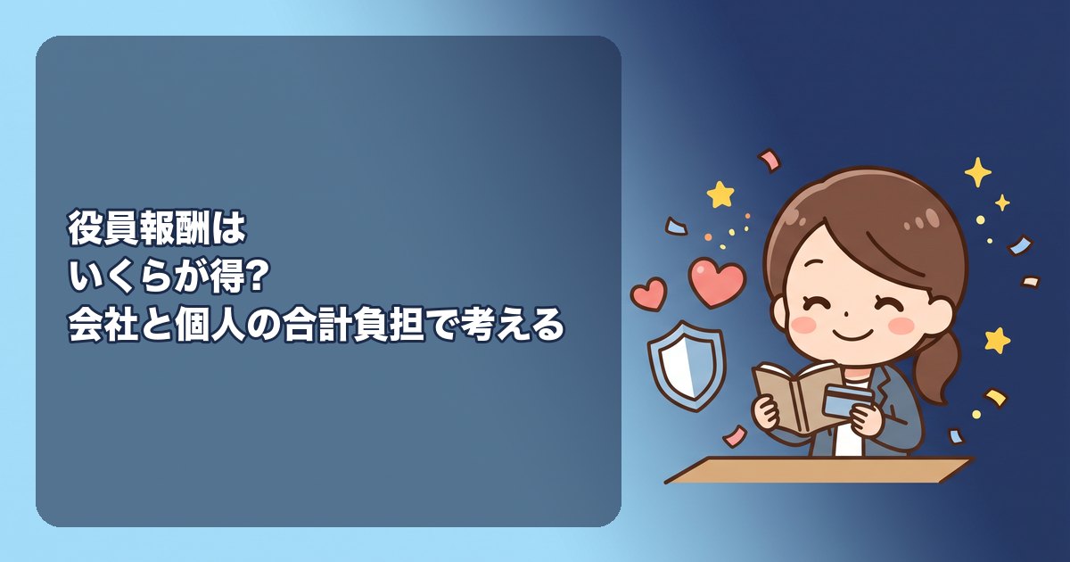 役員報酬はいくらが得?会社と個人の税金・社会保険料の合計が最小になる額の考え方、利益600万・1,000万・1,500万円での試算(報酬ゼロ〜全額)、手取り重視と年金重視の違い、役員社宅・日当・配偶者分散を組み合わせた最適化、毎年見直すポイント