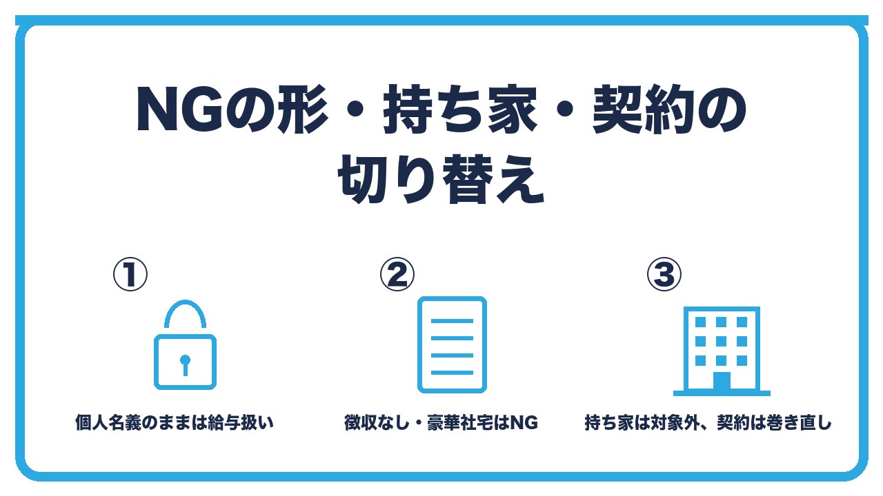 役員社宅の注意点を、個人名義のままや徴収なしは給与扱い・持ち家は対象外・契約の切り替えは貸主の承諾と巻き直しの3つに分けて図解したインフォグラフィックです。